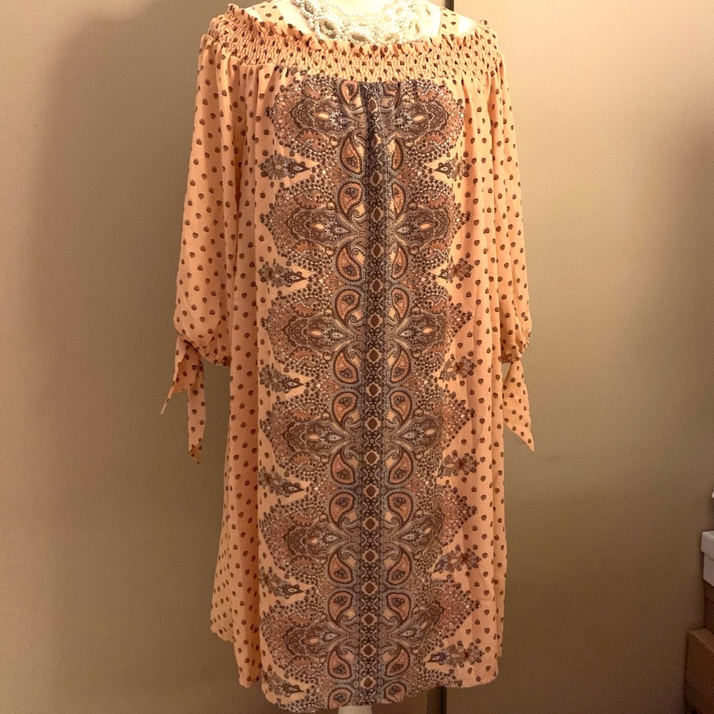 Luxology Peach and Brown Paisley Long Sleeve Dress